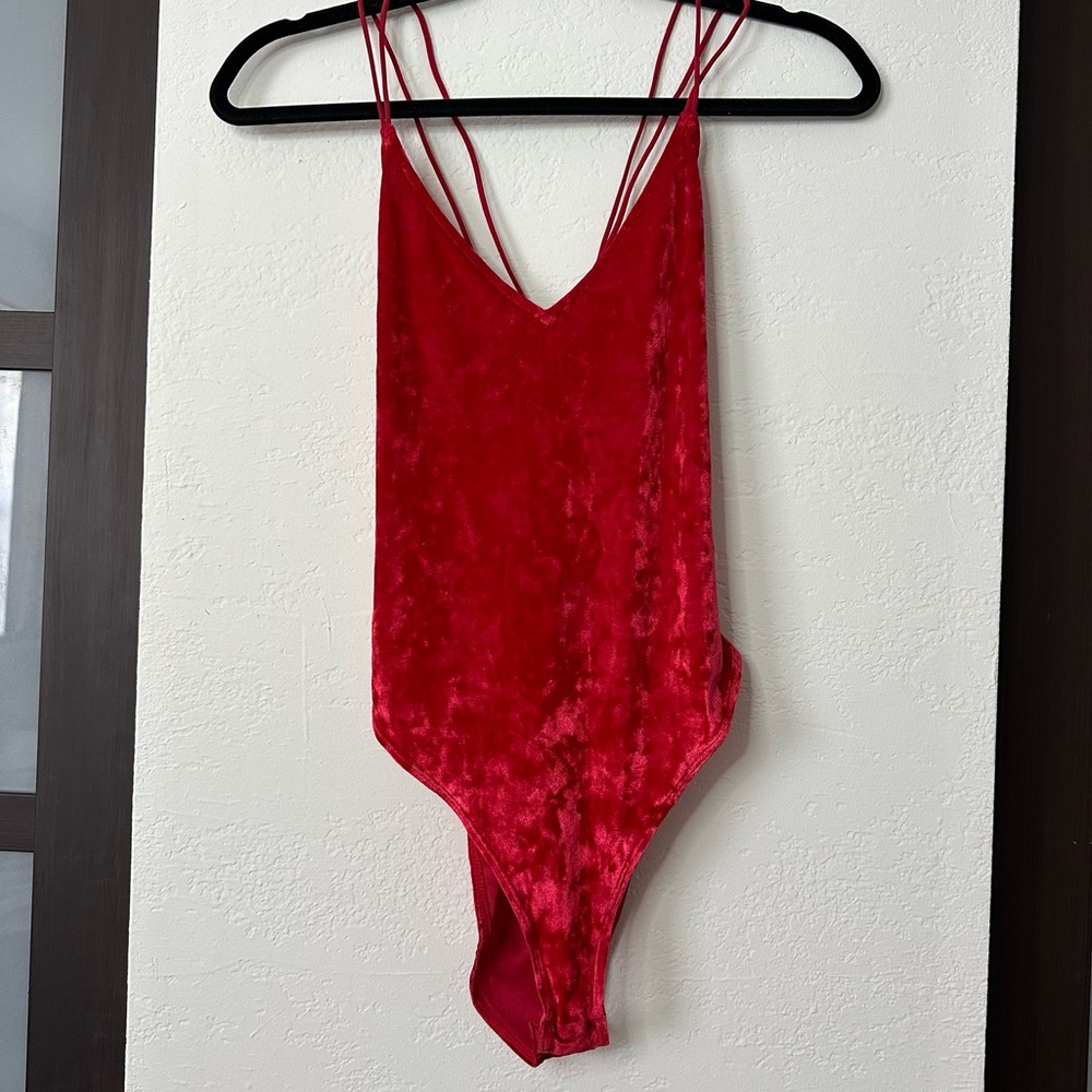 Red Velvety Bodysuit Open Back